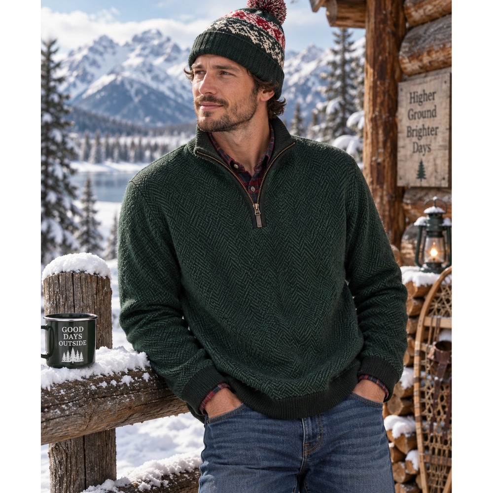 UNTUCKit Belguardo Mens L Merino Wool Sweater Green Herringbone 1/4 Zip